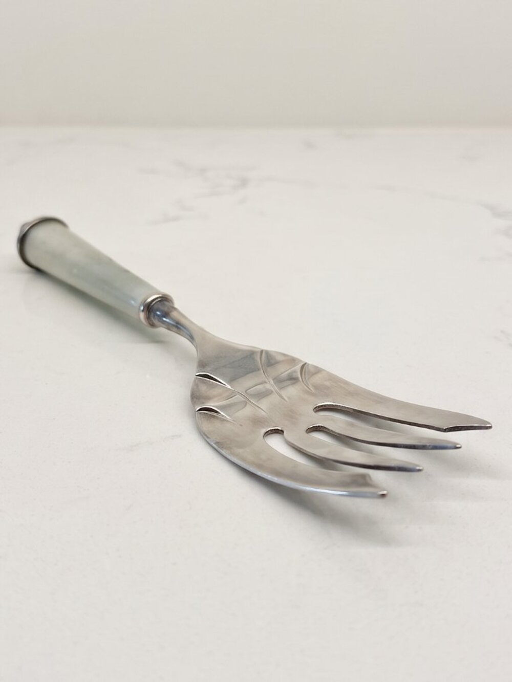 Vintage Towle Silver Tone Pasta Server Fork Green Handle 10” Serving Utensil